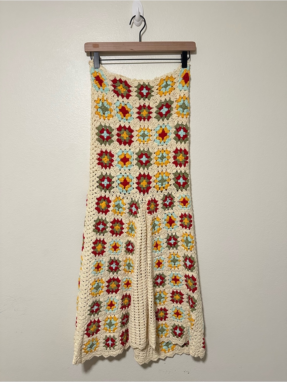 Free people X Flook Cream Crochet Knit Granny Square with Red & Yellow